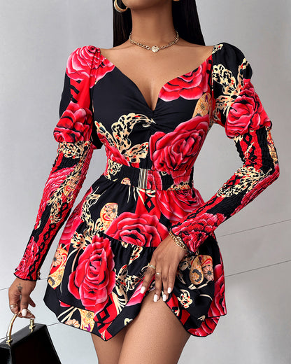 Floral Print Shirred Layered Dress