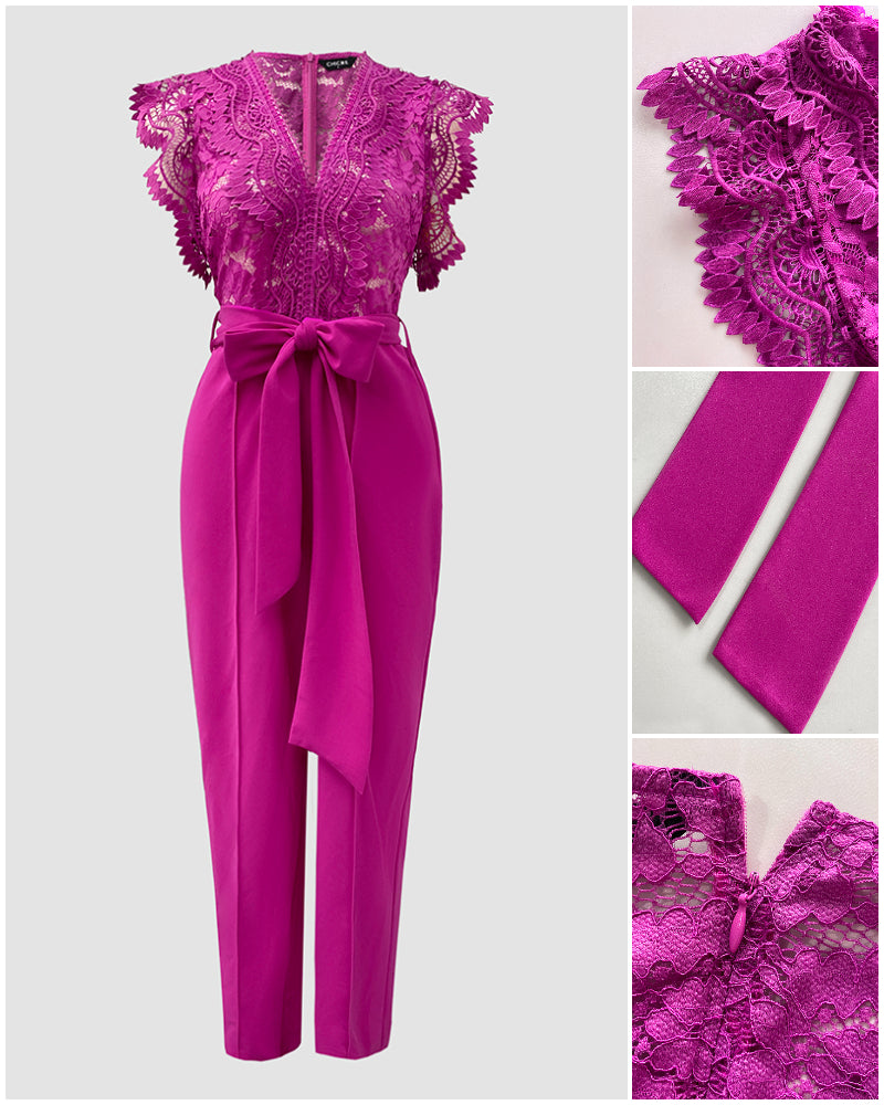 V Neck Scallop Trim Sleeve Lace Patchwork Bow Tie Waist Jumpsuit Casual Seam Front Zipper Back Wide Leg Jumpsuit