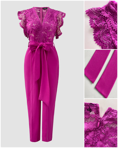 V Neck Scallop Trim Sleeve Lace Patchwork Bow Tie Waist Jumpsuit Casual Seam Front Zipper Back Wide Leg Jumpsuit