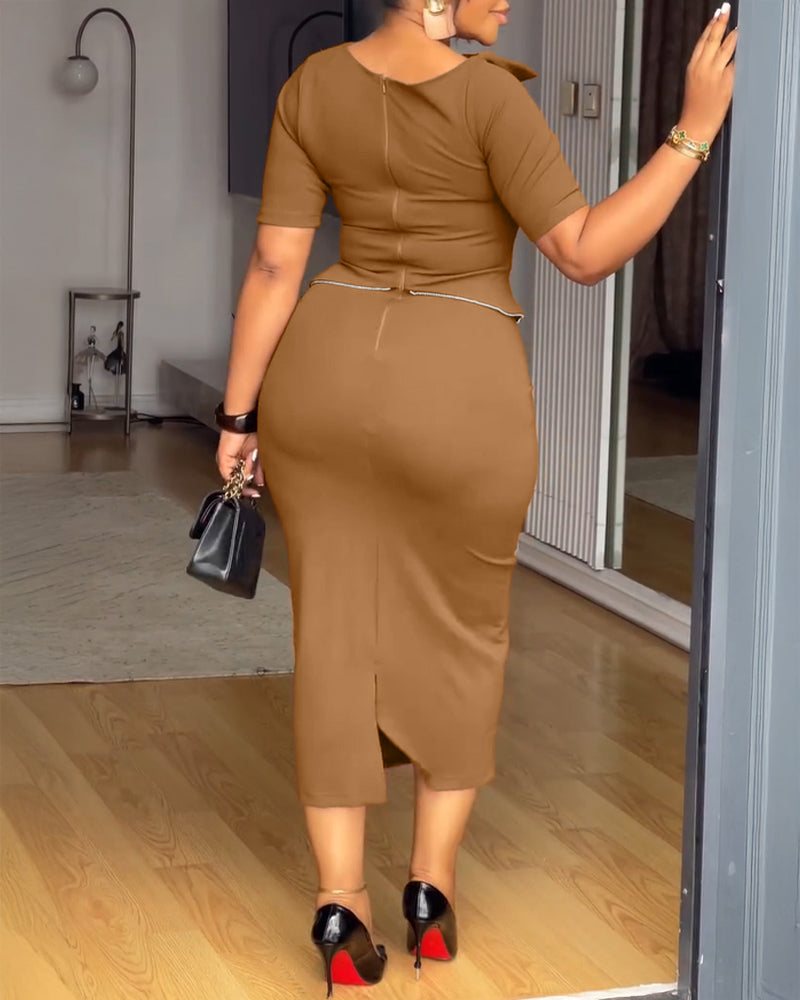 Single Breasted Decor Asymmetrical Layered Neck Slit Back Faux Two-Piece Dress Zipper Back Contrast Piping Trim Commuting Dress