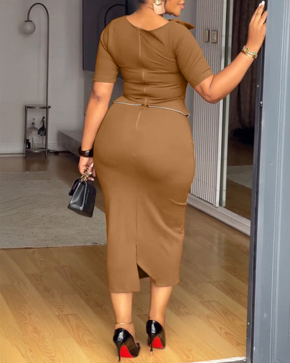 Single Breasted Decor Asymmetrical Layered Neck Slit Back Faux Two-Piece Dress Zipper Back Contrast Piping Trim Commuting Dress