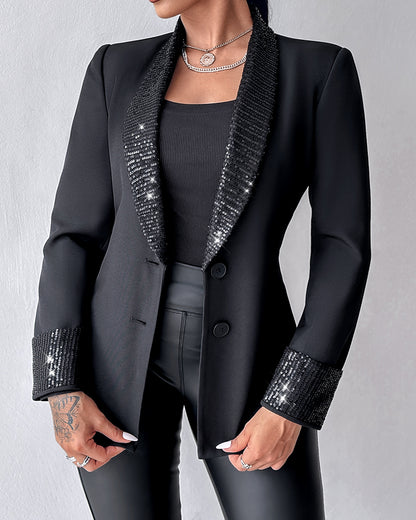 Contrast Sequin Shawl Collar Blazer Coat Button Front Long Sleeve Coat