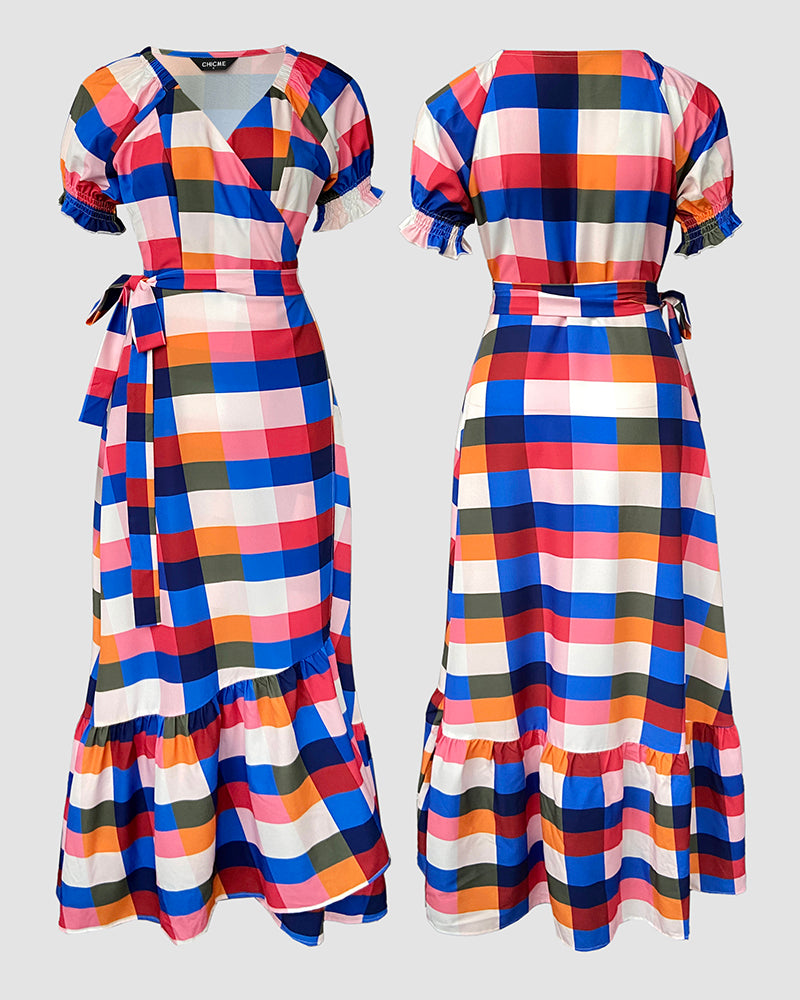 Colorful Plaid Print Overlap V-Neck Puff Sleeve Wrap Lace-Up Vacation Dress Casual Bow Tie Waist Ruffle Hem Maxi Dress