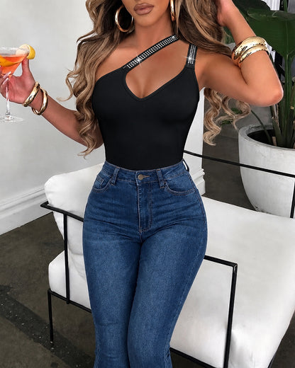 Women's Rhinestone Bodysuit Asymmetrical Neck Sleeveless Slim Fit Club Bodysuit