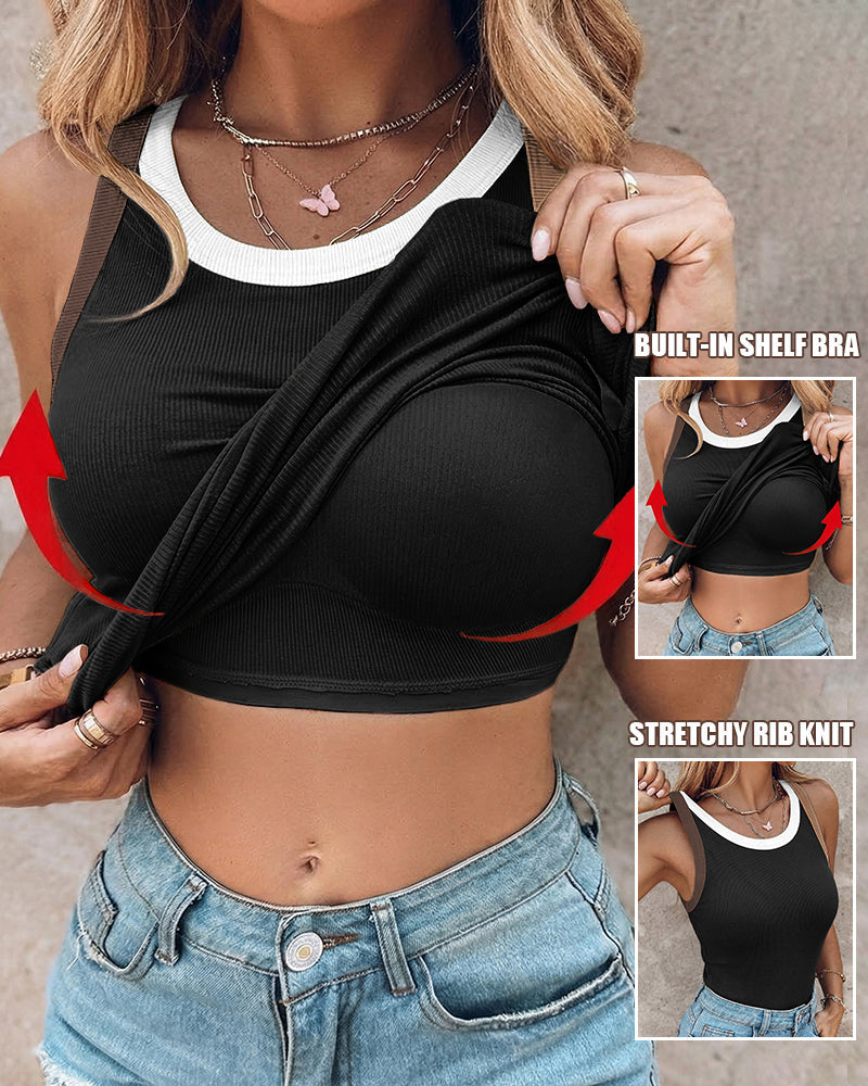 Women's Contrast Binding Tank Top Ribbed Knit Sleeveless Scoop Neck Slim Fit Camisole Top with Built-in Bra