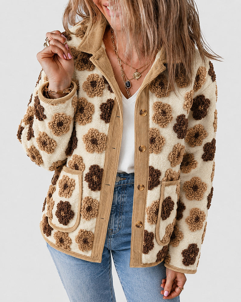 Women's 3D Faux Shearling Floral Jacket Corduroy Trim Button Down Fleece Coat
