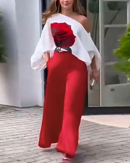 Rose Print Lantern Sleeve Top & Wide Leg Pants Set