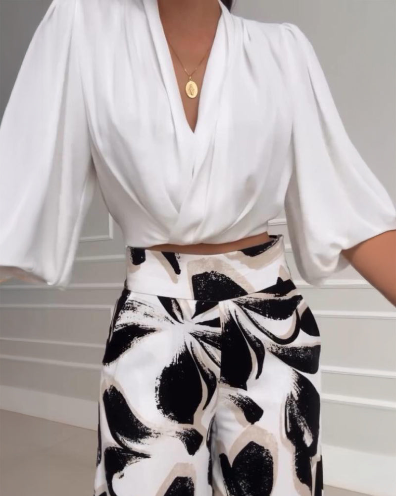 2 Pieces Outfit Wrap Plunge V Neck Crop Blouse and Casual Floral Print Wide Leg Pants Set