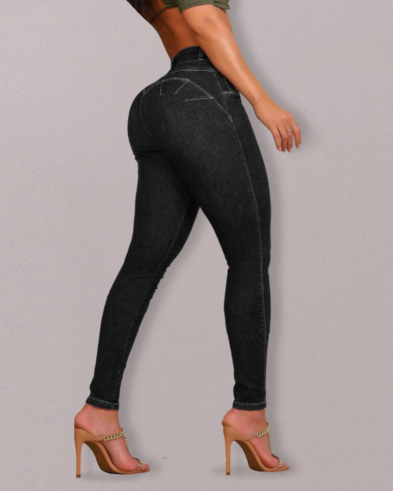 Front Button Zipper Fly High Waist Butt Lifting Skinny Denim Jeans Casual Pants