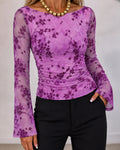 Women's Flocked Floral Boat Neck Sheer Mesh Flare Sleeve Ruched Slim Fit Top