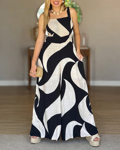 Colorblock Abstract Print Square Neck Adjustable Straps Shirred Back Overalls Casual Cinched Waist Wide Leg Cami Jumpsuit