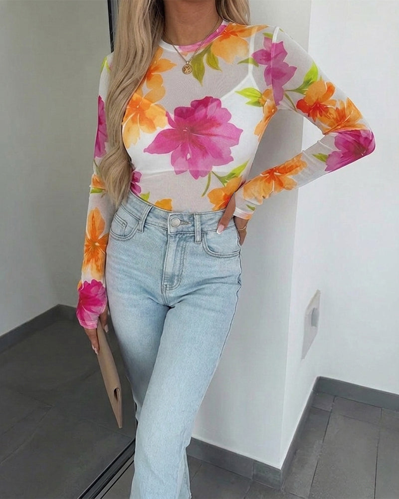 Women's Floral Print Sheer Mesh Top Long Sleeve Slim Fit Crewneck Layering Top with Thumb Hole Cuffs