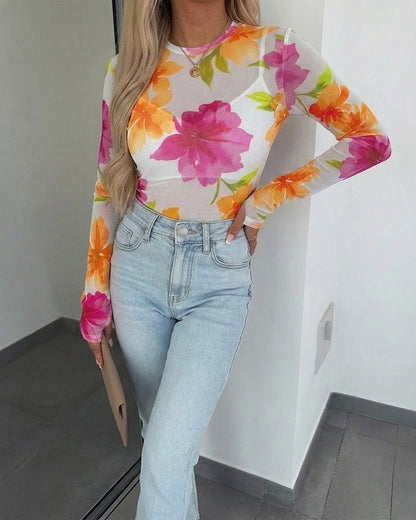 Women's Floral Print Sheer Mesh Top Long Sleeve Slim Fit Crewneck Layering Top with Thumb Hole Cuffs