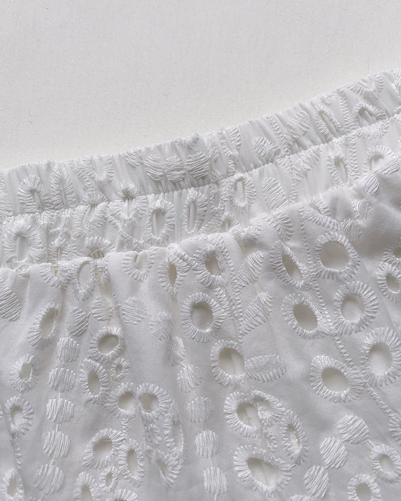 2 Pieces Outfit Eyelet Embroidery Short Sleeve Stand Collar Top and Casual Elastic Waist Shorts Set with Pockets