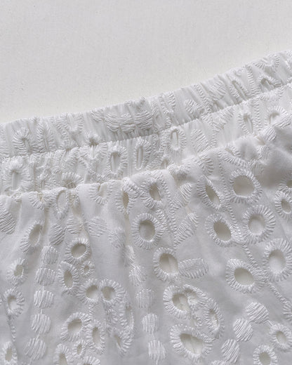 2 Pieces Outfit Eyelet Embroidery Short Sleeve Stand Collar Top and Casual Elastic Waist Shorts Set with Pockets