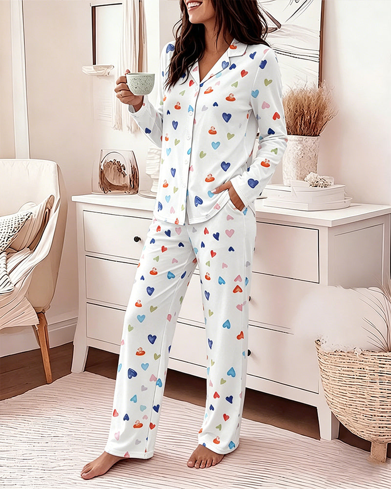 Women's Colorful Heart Print 2 Piece Pajama Set Long Sleeve Button Down Top and High Waisted Pants Casual Lounge Sets