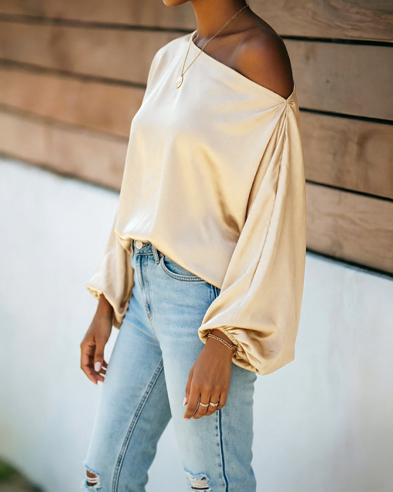 Women's Off Shoulder Satin Blouse Lantern Long Sleeve Shirt Casual Loose Fit Skew Neck Top