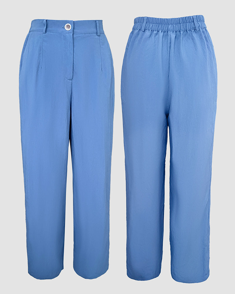 2 Pieces Outfit Turn-down Collar Turn-Up Sleeves Button Front Flap Pockets Design Top and Causal Zipper Fly Elastic Back Waist Wide Leg Pants Set