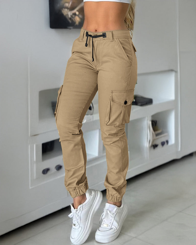 Zipper Fly Drawstring Elastic Back Waist Cuffed Trousers Casual Multiple Flap Pockets Design Cargo Pants