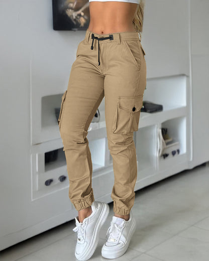 Zipper Fly Drawstring Elastic Back Waist Cuffed Trousers Casual Multiple Flap Pockets Design Cargo Pants