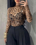 Rhinestone Decor Leopard Print Mock Neck Long Sleeve Tee Sexy Slim Fit Sheer Top