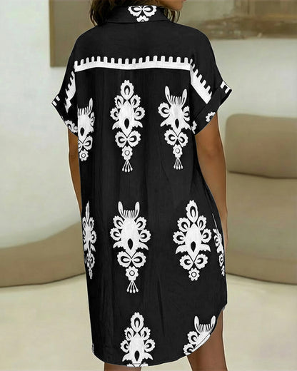 Vintage Baroque Placement Print Turn-down Collar Rolled Cuffs Button Down Shirt Dress Casual Curved Hem Vacation Dress with Pockets