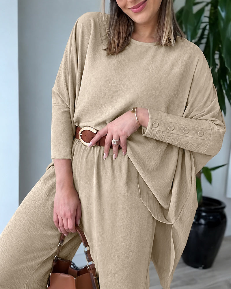Women's 2 Piece Outfits Batwing Sleeve Asymmetrical Hem Top and Wide Leg Pants Set Casual Textured Loungewear