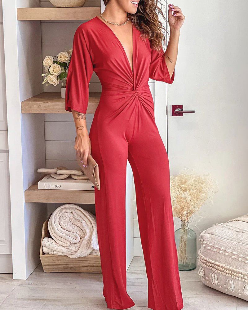 Women's Deep V Neck Twist Front Jumpsuit Three Quarters Sleeve Straight Leg Overalls