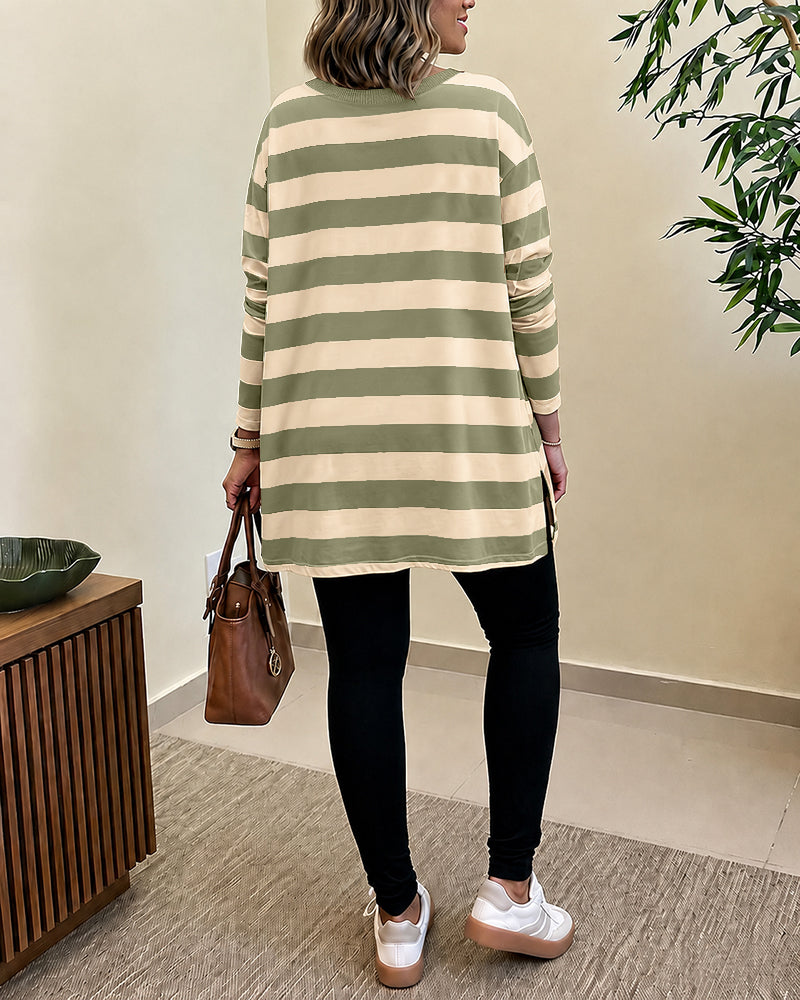 Women's Striped T Shirt Long Sleeve Drop Shoulder Crewneck Tee Side Slit Casual Loose Fit Top