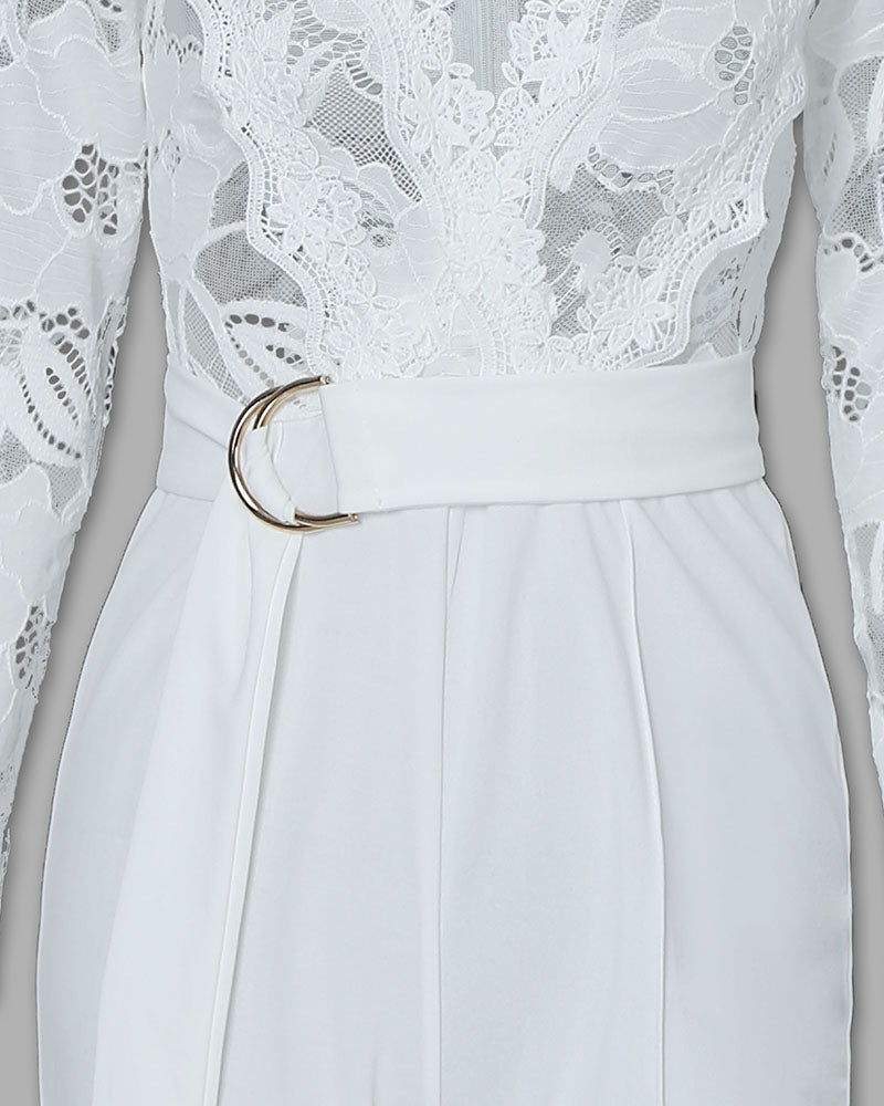 Crochet Lace Trim Deep V-Neck Floral Lace Spliced Ovearalls Casual Zipper Back Seam Front Jumpsuit with Belt