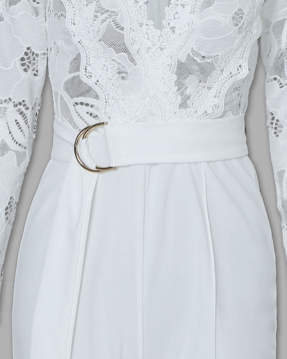 Crochet Lace Trim Deep V-Neck Floral Lace Spliced Ovearalls Casual Zipper Back Seam Front Jumpsuit with Belt