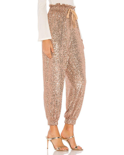 Drawstring Design Allover Shiny Sequins Cuffed Pants Partywear