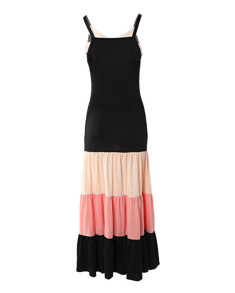 Spaghetti Strap Colorblock Ruched Ruffles Maxi Dress