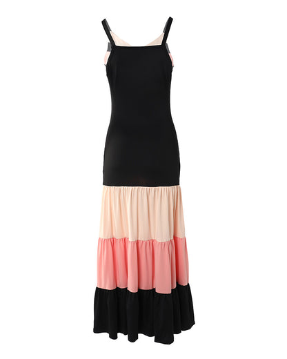 Spaghetti Strap Colorblock Ruched Ruffles Maxi Dress