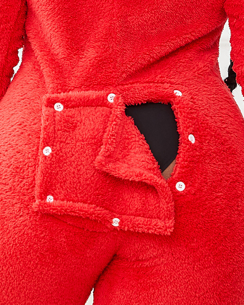 3D Ear Buttoned Flap Functional Fluffy Lounge Jumpsuit