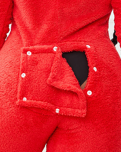 3D Ear Buttoned Flap Functional Fluffy Lounge Jumpsuit