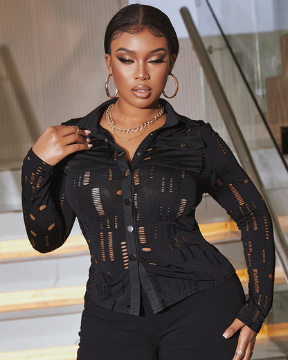 Turn-down Collar Hollow Out Button Down Shirt Top