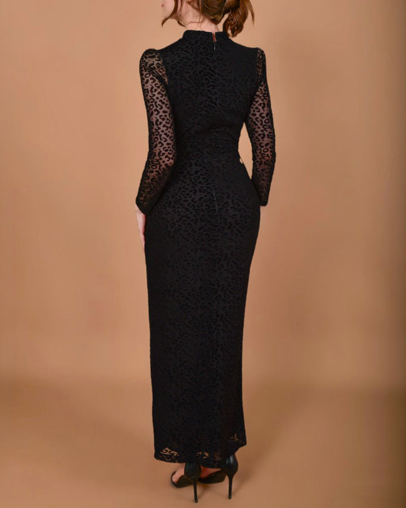 Women's Leopard Mesh Midi Dress Mock Neck Puff Long Sleeve Ruched Bodycon Dress Side Slit Sexy Party Dress