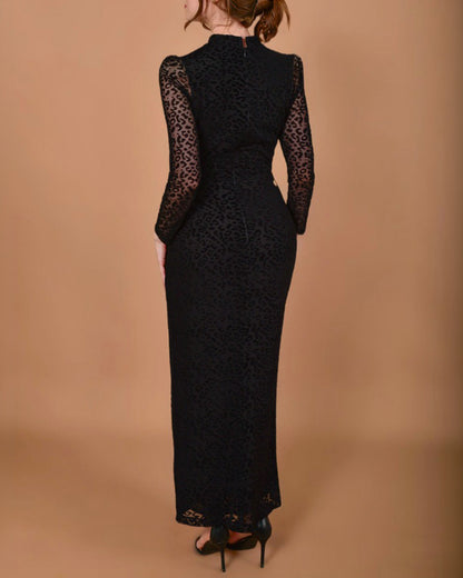 Women's Leopard Mesh Midi Dress Mock Neck Puff Long Sleeve Ruched Bodycon Dress Side Slit Sexy Party Dress