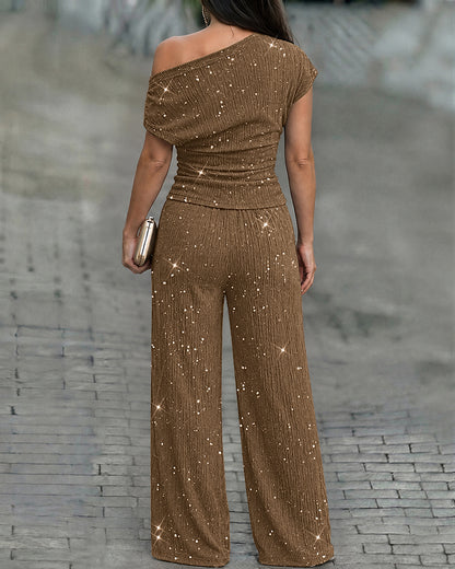 Women's Glitter Textured Two Piece Outfits Plisse Skew Neck Ruched Top and High Waisted Straight Leg Pants Set