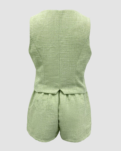 2 Pieces Outfit Tweed Shoulder 3D Flower Decor Sleeveless Vest and Casual Shorts Set