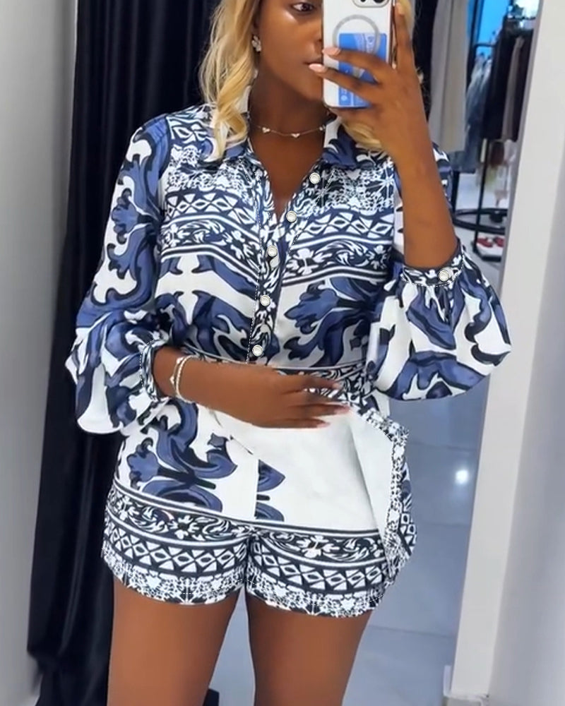 Women's Vintage Print 2 Piece Outfits Turn-down Collar Button Shirt and High Waisted Shorts Set Casual Skort Set