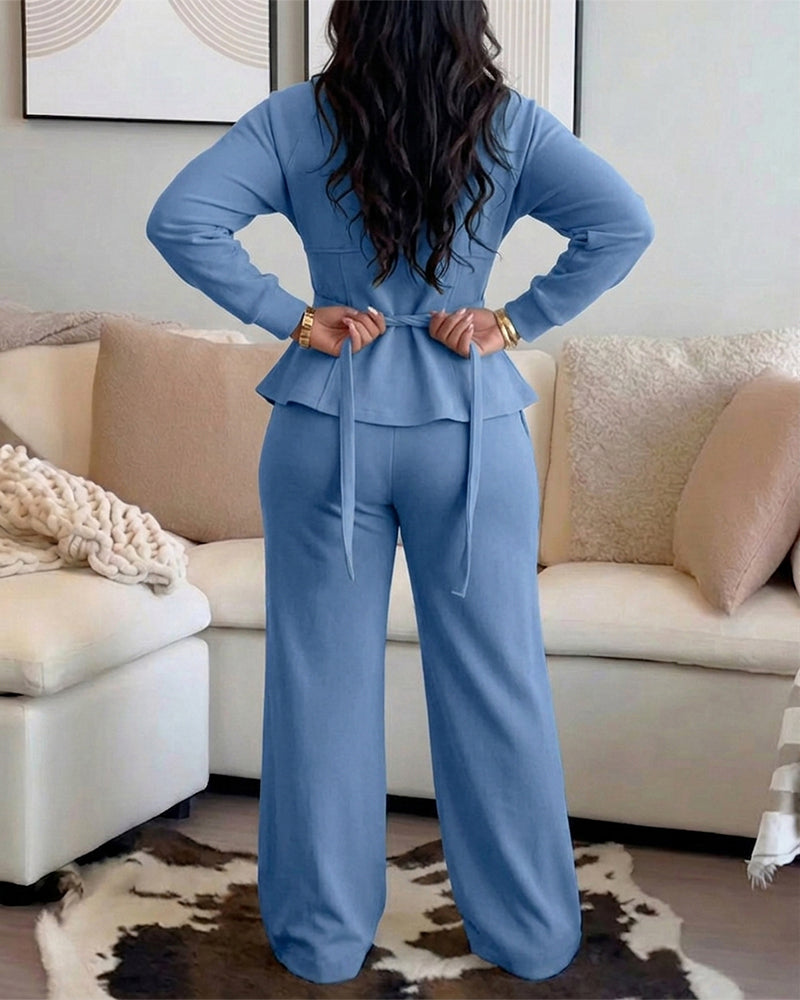 Women's 2 Piece Tracksuit Set Zip Lapel Tie Back Crop Top and Wide Leg Pants