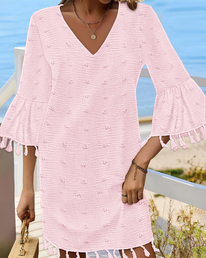 Large Swiss Dot  V-Neck Bell Sleeve Mini Dress Casual Loose Fit Dress