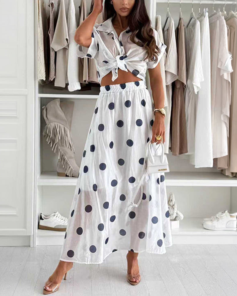 2 Pieces Outfit Turn-down Collar Short Sleeve Rolled Cuffs Button Front Shirt and Elastic Waist Skirt Set Casual Polka Dot Print Set with Lining