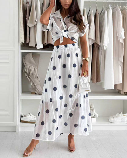 2 Pieces Outfit Turn-down Collar Short Sleeve Rolled Cuffs Button Front Shirt and Elastic Waist Skirt Set Casual Polka Dot Print Set with Lining