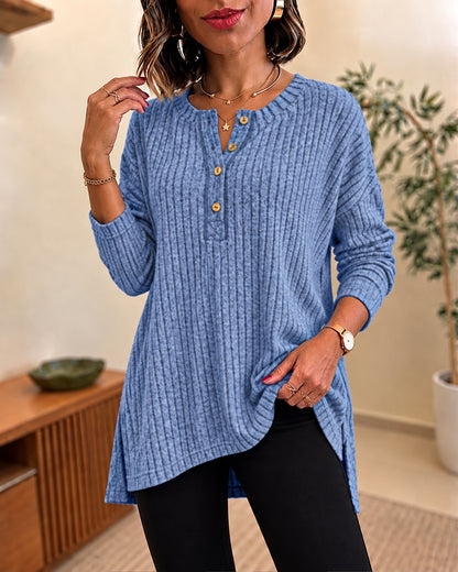 Women's Ribbed Knit Henley Neck Long Sleeve Loose Casual Top with Side Slits