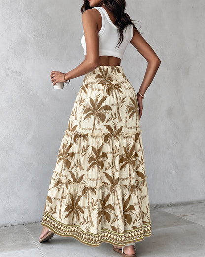 Women's Tropical Coconut Tree Shirred High Waisted Maxi Skirt Ruffle A Line Flowy Vacation Skirt with Pockets