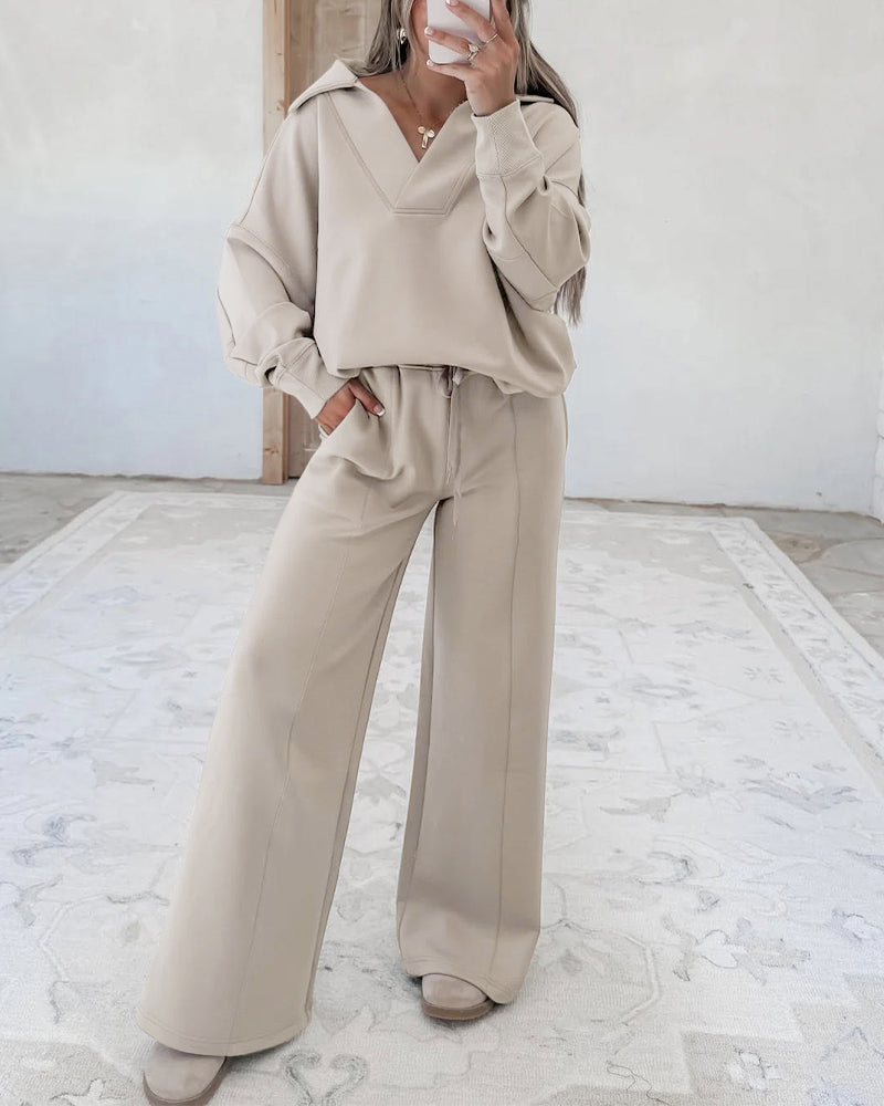 Women's Two Piece Sweatsuit Polo V Neck Pullover and Drawstring Wide Leg Pants Casual Lounge Set