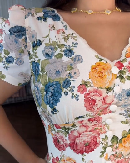 Floral Print V Neck Puff Sleeve Maxi Dress A-Line Flowy Casual Dress With Pockets